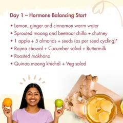 Day 1 of my PCOS/PCOD diet plan focuses on balancing hormones. Start your day with lemon, ginger, and cinnamon warm water. Meals include sprouted moong and beetroot chilla, rajma chawal with salad, and a light quinoa moong khichdi for dinner.