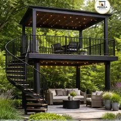 We go beyond the standard with truly custom fabrications. This unique two-story gazebo, complete with an elegant spiral staircase, maximizes a compact garden space, creating separate zones for lounging and dining with a commanding view.