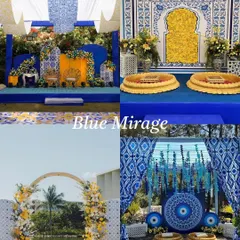 Inspiration for a 'Blue Mirage' theme. This is a fantastic alternative for a Haldi or Mehendi, using shades of blue with pops of yellow for a fresh, Mediterranean feel.