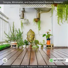 A minimalist and sophisticated balcony I revamped. The design features clean wooden deck flooring, a serene Buddha statue, and a variety of hanging and potted plants that create a zen-like atmosphere without cluttering the space.