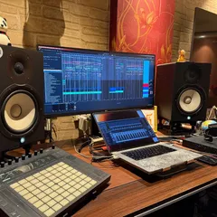 My creative space. This is where I write original music and work on new arrangements for the band, using my laptop, speakers, and Ableton Push.