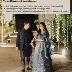 Venue research and coordination is a foundational step. I shortlist venues that match your vision and budget, handle all the contracts and policies, and create detailed layout maps to ensure a smooth setup for decor and seating.