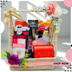 Unbox the charm of my special cosmetic hampers. This rope basket is filled with makeup brushes, palettes, and other beauty products, making it a perfect gift for a makeup lover.