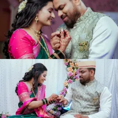 A collage showcasing the key moments of a Maharashtrian engagement, from the ring exchange to a tender embrace.