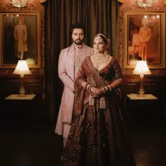 A royal look for a wedding in Jodhpur. I styled the groom in an old rose sherwani with a dull gold zardozi angarkha, creating a look that is both regal and sophisticated, perfectly complementing the bride's ensemble.