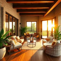 This warm, inviting sunroom is filled with natural light, creating the perfect environment for both people and plants. The wicker furniture adds a touch of natural texture to the space.
