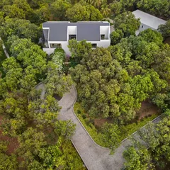This drone shot shows the winding driveway we designed to meander through the mango orchard, preserving the existing trees. The house appears as a quiet, modern form emerging from the canopy.