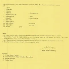 The official notice confirming Clarissa's selection to Team D for the U15 state-level matches. Her dedication is an inspiration to everyone at the academy.