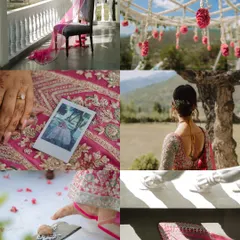 A mood board-style collage of wedding details, including the decor, the bride's lehenga, a polaroid picture, and ritual elements.