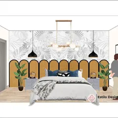 A mood board for a guest bedroom in the Art Deco style. Here, we used a bold, curved headboard and geometric patterns to introduce the decadent detail work characteristic of the era.