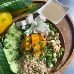 Here is another look at our seasonal Mango Salad. It’s a perfect balance of textures and flavors, showing how we use fresh, seasonal fruits to make our healthy meals exciting and delicious.