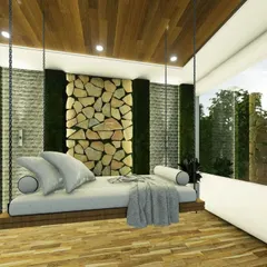 A close-up of the hanging bed, highlighting the textures of the stone wall and the comfortable setup.