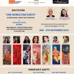 The official invitation for the "One World One Earth" international group art exhibition in Mumbai, featuring several artists from our academy.