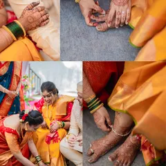 A collection of detail shots from a Maharashtrian wedding, focusing on the hands and feet during various traditional rituals.