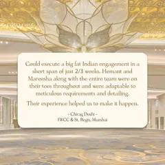 A testimonial from a client at St. Regis, Mumbai, highlighting my team's ability to execute a "big fat Indian engagement" in just 2-3 weeks, adapting to meticulous requirements.