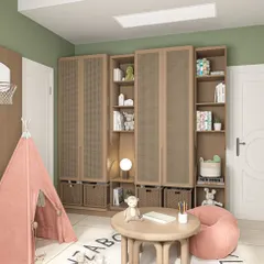Good storage is essential in a kids' room. This render shows the custom cabinetry we designed for this space, with a mix of open shelving for books and closed cupboards with rattan doors to neatly hide away toys and clutter.