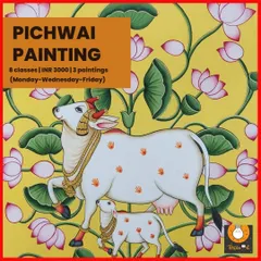 Our Pichwai painting course poster, featuring a beautiful Gau Mata (cow) artwork. This course covers three traditional Pichwai paintings of increasing difficulty.