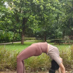 Finding strength and grace on the mat. This is me in Chakrasana, or Wheel Pose, a deep backbend that opens the heart and builds strength in the arms, legs, and spine.