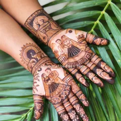 Another beautiful Karwachauth design. This set features a couple on the palms, with traditional swan and peacock motifs on the wrists, blending romance with classic art.