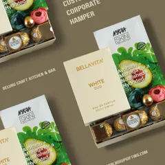 A look at a custom corporate hamper we curated for Beluru Craft Kitchen & Bar. It includes skincare products, perfumes, and chocolates, all beautifully arranged to represent their brand.