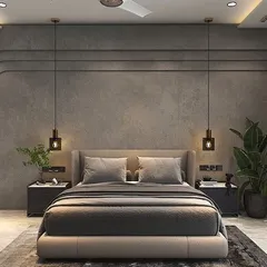 This is a 3D render of a master bedroom with a textured concrete-finish wall and elegant pendant lights. It's the blueprint for the real thing.