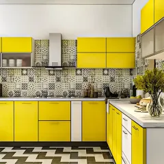 A vibrant and cheerful kitchen design featuring bright yellow cabinets. We paired them with a bold patterned tile backsplash and a geometric floor to create a space full of personality and energy.