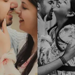 A side-by-side comparison of a moment in color and black and white. Both versions capture the infectious laughter and intimacy, showing how different edits can evoke different feelings.