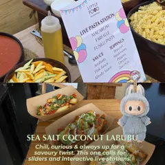 A live pasta station set up for a kids' party. We offer different pasta shapes, sauces like arrabbiata and alfredo, and a variety of toppings, allowing kids to create their own perfect pasta dish.