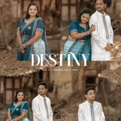 "Destiny." A collage of beautiful portraits from an engagement session, capturing both posed and candid moments that tell the story of their fated love.