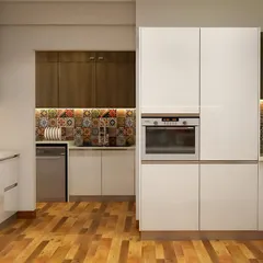 I love adding a pop of personality with a unique backsplash. This modern kitchen combines white and wood-finish cabinets with vibrant patterned tiles, creating a warm and inviting atmosphere.