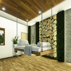 An identical view of the swing bed, showing the wood-paneled ceiling with integrated lighting that adds warmth to the space.