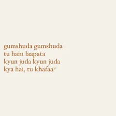 A snippet of lyrics from an unreleased song: "gumshuda gumshuda, tu hain laapata, kyun juda kyun juda, kya hai, tu khafaa?". This showcases my lyrical style, focusing on themes of loss and questioning.