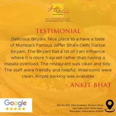 A wonderful review praising our delicious and fragrant Irani-influenced Biryani. The client also appreciated the clean restaurant, friendly staff, and ample parking at our Panchgani location.