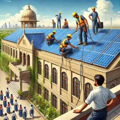 An artistic depiction of a solar installation on a heritage-style school building. We are committed to bringing clean energy to the next generation.