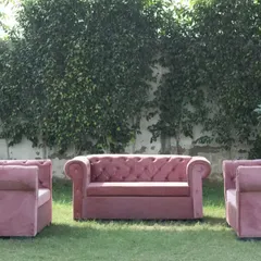 This is a closer look at the high-quality furniture I provide. This pink tufted velvet sofa set is perfect for stage seating for the couple or for creating a comfortable and photogenic lounge space for guests.