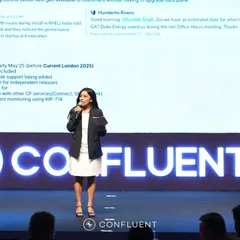 On stage for Confluent, breaking down technical information for the audience. As a conference emcee, I make it my job to understand the content to help bridge the gap between the speakers and the attendees.