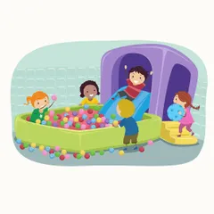 An illustration of a ball pit and slide, capturing the essence of the fun waiting for kids in our soft play zone.