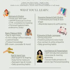 Here is a complete overview of what you will learn in my Personal and Self Grooming Workshop. I cover everything from practical skincare and 5-minute daily makeup to body language and dressing for your body shape, ensuring you leave with confidence and a full set of skills.