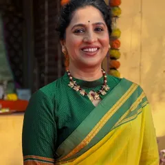 Another look for Madhurani's role as Savitribai Phule. The simple saree and minimal makeup reflect the historical character she portrays.