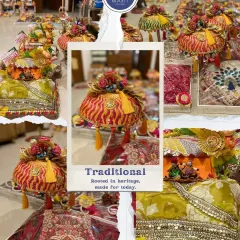 For weddings, I offer a range of packing styles, from minimal to magnificent. This traditional style, with its rich brocade and floral potlis, is perfect for 'shaadi ka shagun'.