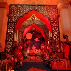 The full entranceway, showing how I used props like treasure chests and character cutouts of Jafar to build the complete story of Aladdin.