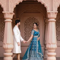 A classic walking shot from a pre-wedding shoot set against stunning Indian architecture. I styled the bride in a beautiful blue lehenga and the groom in a complementary ivory sherwani, creating a look that is both regal and romantic.