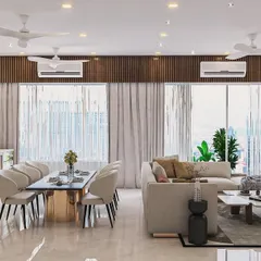 This expansive 2000 sq. ft. apartment in Andheri required a design that was both grand and intimate. I used a warm neutral palette and layered textures, like the wooden fluted paneling above the windows, to create a cohesive flow between the living and dining areas. The result is a contemporary and welcoming family home.