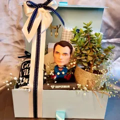 A fun and quirky birthday hamper for him. This gift includes a Superman bobblehead, a live plant for his desk, and other goodies, all presented in a stylish blue box.