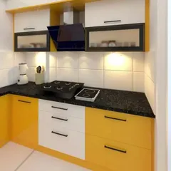 A duplicate of image 116, showing the bright yellow and white modular kitchen at United Blossoms.