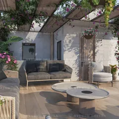 A cozy seating area on a residential terrace in Rajouri Garden. We used a wooden deck and a pergola covered in bougainvillea to create a warm, natural, and inviting space for conversation and relaxation.