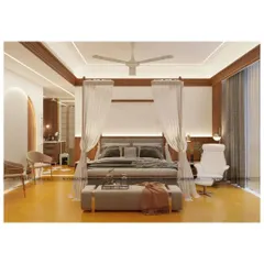 We designed this master bedroom as a serene retreat from the world. The four-poster bed with soft, flowing drapes creates a sense of sanctuary, while the warm Jodhpur stone flooring and rich walnut wood accents provide a feeling of grounded, timeless elegance.