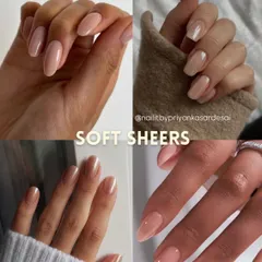 A collection of beautiful soft sheer manicures. This collage showcases various nude and pink sheer polishes on different nail shapes, all creating a natural, healthy, and polished look.