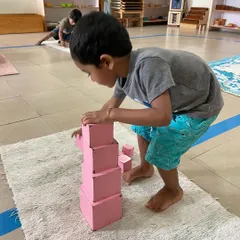 A child works with the Pink Tower, a classic sensorial material. This activity helps them visually discriminate between sizes and builds their understanding of dimensions, which is an indirect preparation for mathematics.
