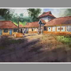 A watercolour painting of a temple courtyard in Kochi, capturing the unique architecture and peaceful atmosphere of South India.